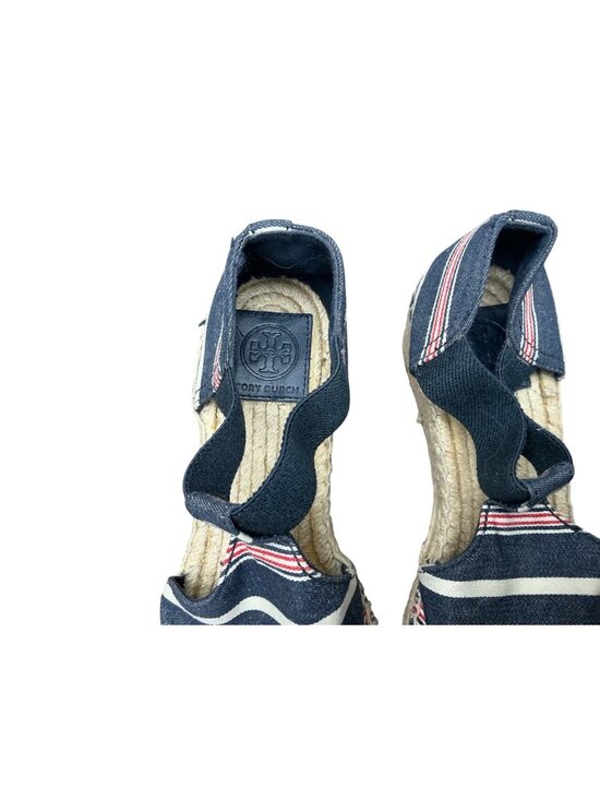 Tory Burch Striped Espadrille Flats Blue Canvas Ankle Strap Summer  Sz 7.5